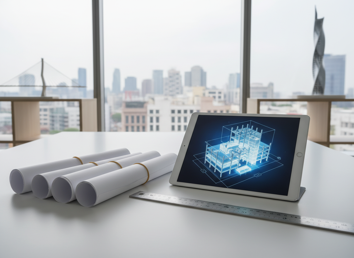 A polished engineering consultancy workspace featuring a large, matte-white table covered with neatly arranged rolled blueprints, a high-precision metal scale ruler, and a tablet displaying a detailed structural model. In the background, tall windows reveal a blurred cityscape of diverse buildings, while minimalist shelves hold architectural models of bridges and towers. Soft, diffused daylight streams in, creating gentle reflections on the tablet screen and subtle shadows around the drawing tools. Shot from a slightly elevated angle with a shallow depth of field, foreground instruments remain in crisp focus while the background softly recedes. The mood is analytical and professional, emphasizing accuracy and innovation in a realistic, clean, modern photographic style aligned with high-level engineering consulting.