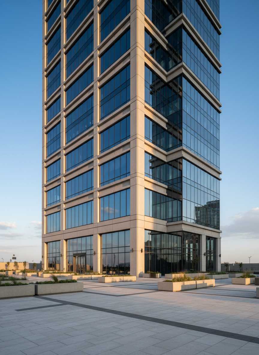 A sleek, newly completed commercial building with clean glass curtain walls and light grey concrete accents, standing prominently against a clear blue sky. The structure features sharp, modern lines and a polished stone entrance plaza with subtle landscaping and low planters. Late afternoon natural light casts crisp yet soft shadows along the façade, highlighting the precise alignment of panels and joints. Captured at eye-level from a slightly offset angle, the image emphasizes scale and professionalism with sharp focus throughout. The atmosphere is confident and corporate, with a photographic realism and clean, modern aesthetic that reflects a high-end construction and property development firm’s flagship project.
