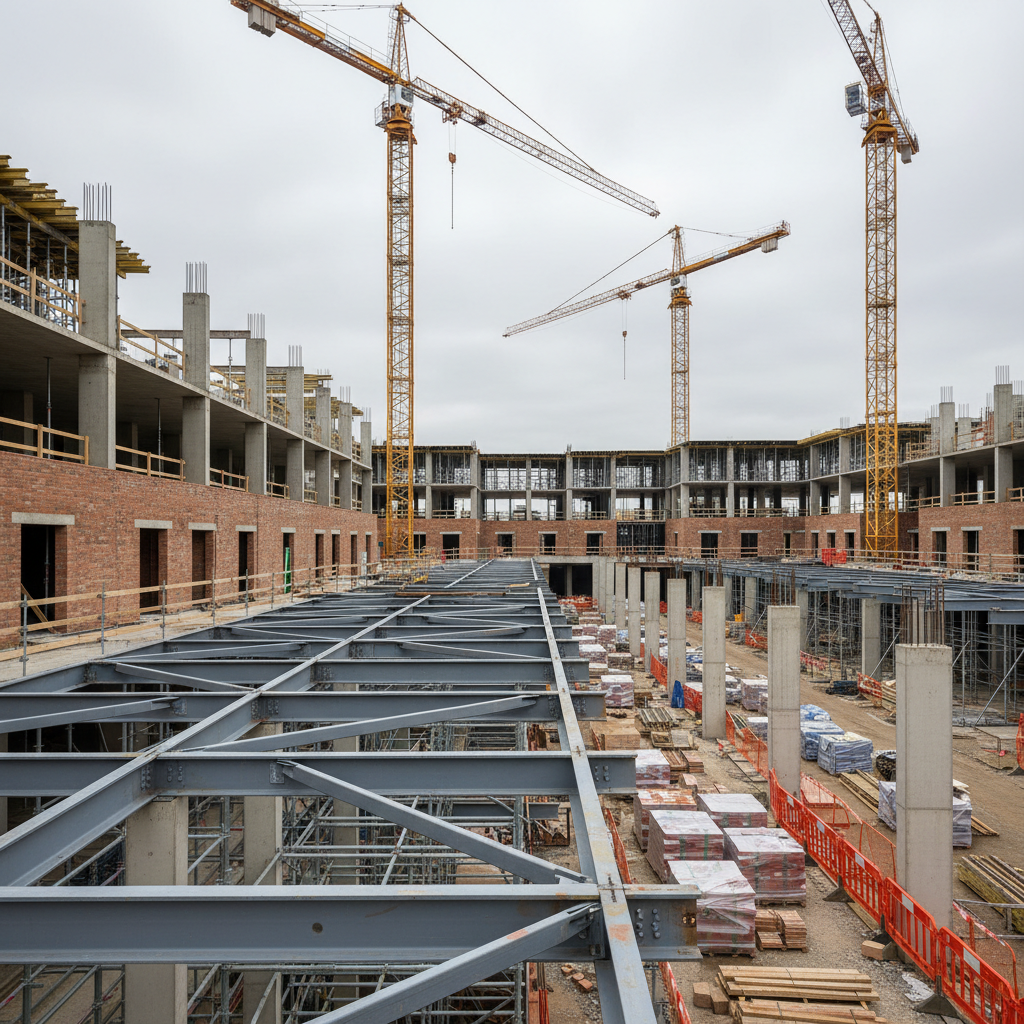 A detailed close-up of an architecturally complex mixed-use development under construction, showcasing exposed steel beams, carefully aligned concrete columns, and neatly stacked brickwork. Tower cranes rise in the background above a tidy, organized site with clearly marked pathways and safety barriers, all free of workers. Overcast daylight provides diffused, even lighting, revealing the textures of metal, concrete, and masonry without harsh shadows. Shot from a slightly elevated viewpoint with a wide-angle lens, the composition captures depth from foreground scaffolding to distant structural elements. The mood is focused and methodical, conveying precision engineering and disciplined project management in a realistic, professional photographic style.