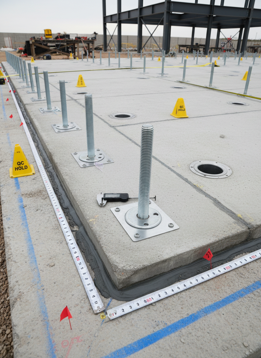 A precise, technical construction quality-control scene focusing on a section of newly poured concrete slab with cleanly cut expansion joints, neatly aligned anchor bolts, and embedded metal sleeves, all clearly visible. Surrounding the slab, color-coded markers and measurement tags are carefully positioned on a dust-free, organized surface. Soft midday overcast light creates even, shadow-free illumination that highlights the fine texture of the concrete and the metallic sheen of the hardware. Shot from a low, oblique angle with a medium depth of field, the composition leads the eye along the joints toward the background structure. The atmosphere is meticulous and disciplined, communicating rigorous engineering standards in a straightforward, professional, photographic realism style.