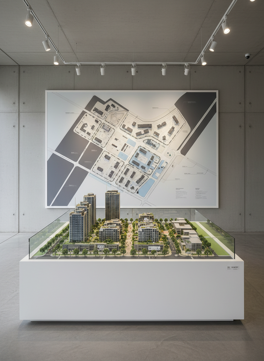 A sophisticated property development planning scene showing a large, wall-mounted site masterplan in muted tones, paired with a detailed 3D scale model of a mixed-use estate on a pristine white pedestal. The model includes miniature buildings with glazed facades, tree-lined streets, and clearly defined zoning areas, all meticulously crafted. Overhead track lighting casts even, neutral illumination, creating gentle shadows that define the model’s depth without overpowering it. Captured straight-on at eye level, the composition balances the physical model in the foreground with the graphical plan behind it, both in sharp focus. The atmosphere is strategic and visionary, conveying long-term planning and professional expertise in a clean, photographic realism suited to a high-end construction and real estate brand.