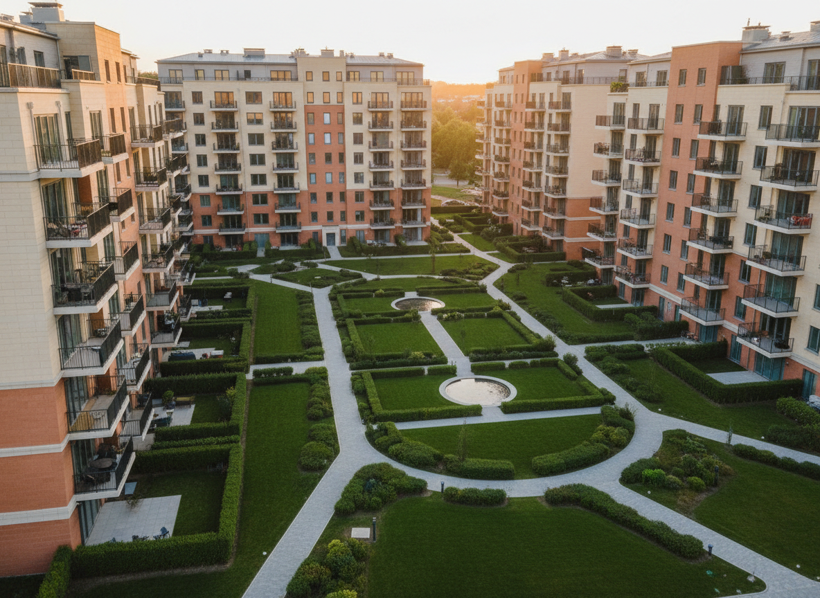An elegant residential real estate development comprised of several mid-rise apartment blocks with warm-toned facades, glass balconies, and dark metal railings arranged around a landscaped central courtyard. The courtyard features manicured lawns, structured hedges, and minimalist stone pathways that curve gently between small water features. Soft golden hour sunlight bathes the buildings, creating warm reflections on the glass and subtle highlights on the textured exterior panels. Captured from a high, slightly oblique angle to show the entire complex layout, the composition follows the rule of thirds with strong leading lines from the paths. The atmosphere is aspirational, orderly, and calm, expressing refined property development in photographic realism with a clean, contemporary aesthetic.