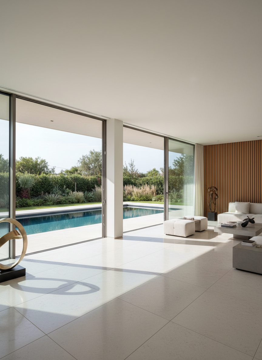 A pristine, newly completed luxury villa interior with large-format light stone flooring, floor-to-ceiling glass sliding doors, and a view onto a private, geometrically shaped pool and landscaped garden. The walls are finished in smooth off-white plaster, contrasted by a feature wall of finely textured, vertical wooden slats. Soft natural daylight pours in from the garden, creating delicate reflections on the polished floor and gentle shadows from structural columns. Captured from a corner with a wide-angle lens, the composition emphasizes spaciousness and seamless indoor-outdoor flow, with sharp detail throughout. The mood is refined, calm, and aspirational, exemplifying high-quality residential property development in a modern, realistic photographic style.